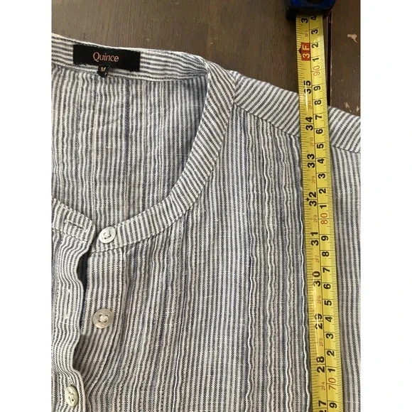 Quince Blue Pinstripe Swing Dress 100% European Linen With Pockets Button Medium - Picture 10 of 11
